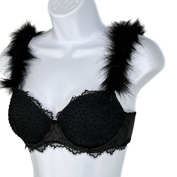 Victorias Secret NWT Demi Bra 32D Black Faux Fur & Solid Straps Sexy Coquette - Picture 4 of 14